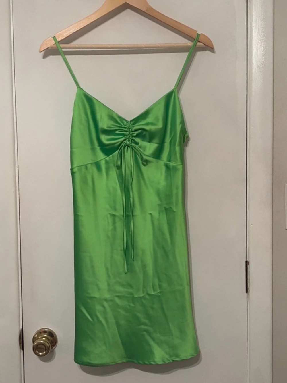 Forever 21 Neon Green Satin Ruched Slip Dress